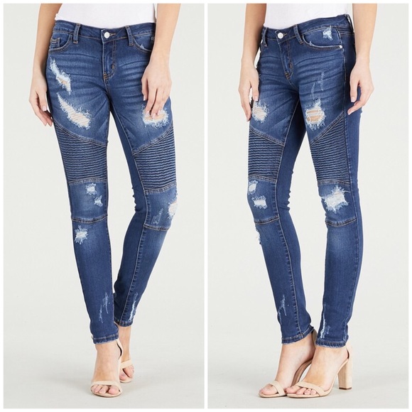 Denim - CLEARANCE Destroyed Moto Skinny Jeans Ripped Stretch